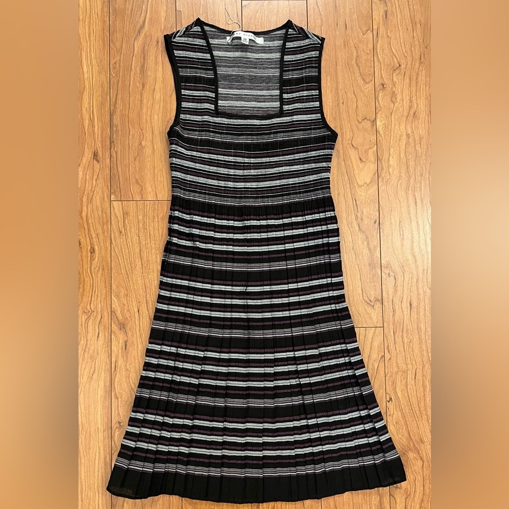 NWOT Max Studio XS Women's Black Engineer Stripe Square Neck Pleated Mini Dress